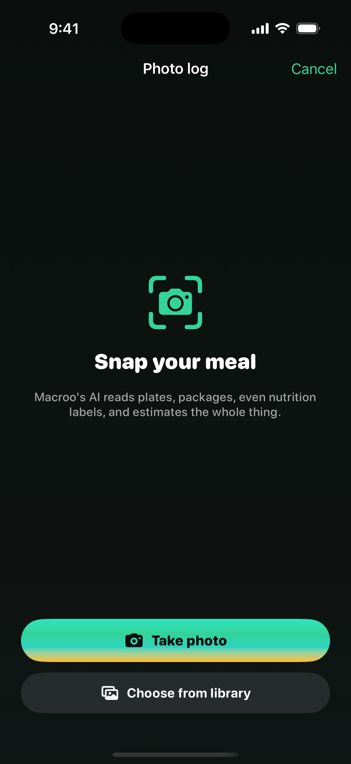 Macroo photo logging. Snap your plate and the AI reads the whole meal