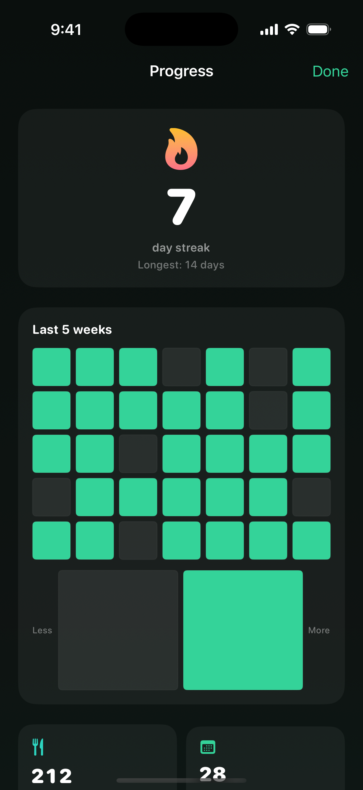 Macroo progress screen with day streak, coins and achievements that hold you accountable